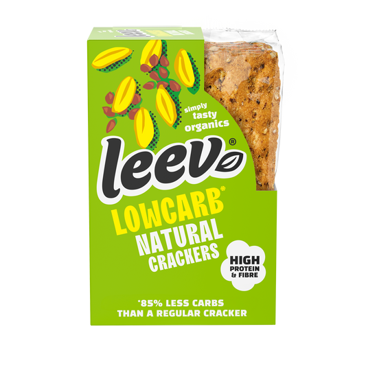 Leev Lowcarb natural crackers, 3 packs of two, bio, 80g each, featuring crunchy, wholesome bread and cracker slices.