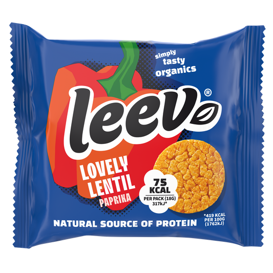 Leev Lovely lentil cakes paprika bio, 18g, showing crispy, reddish-brown koeken with paprika seasoning on a white background.