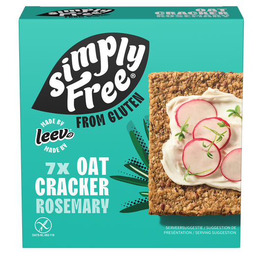 Leev Havercracker rozemarijn glutenfree bio, 100g, crispy crackers with rosemary flavor, made by Leev, in a clear package.
