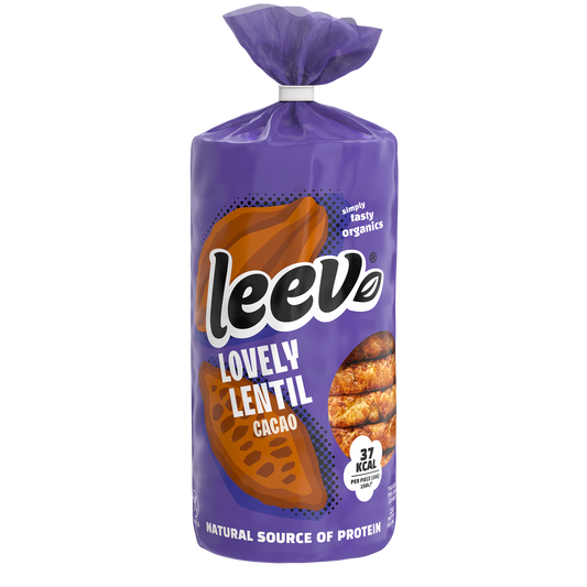 Leev Lovely lentil cakes cacao bio, 130g, natural vegan cookies with chocolate flavor in a package.
