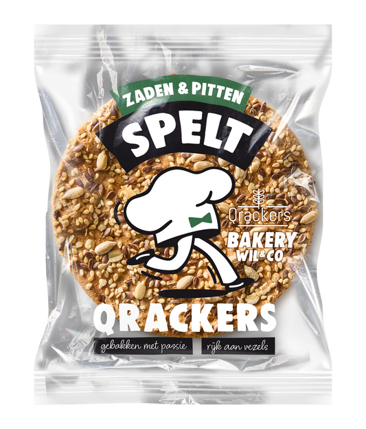 Leev Qrackers organic spelt seeds and grains in a 44g package, shown in a clear close-up image.