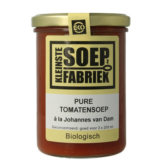 Kleinstesoepfabriek organic pure tomato soup in a 400ml container, showcasing vibrant red soup in a bowl with fresh ingredients.