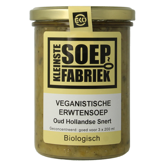 Kleinstesoepfabriek veganistische erwtensoep/snert in 400ml container, organic, hearty Dutch pea soup with fresh ingredients.
