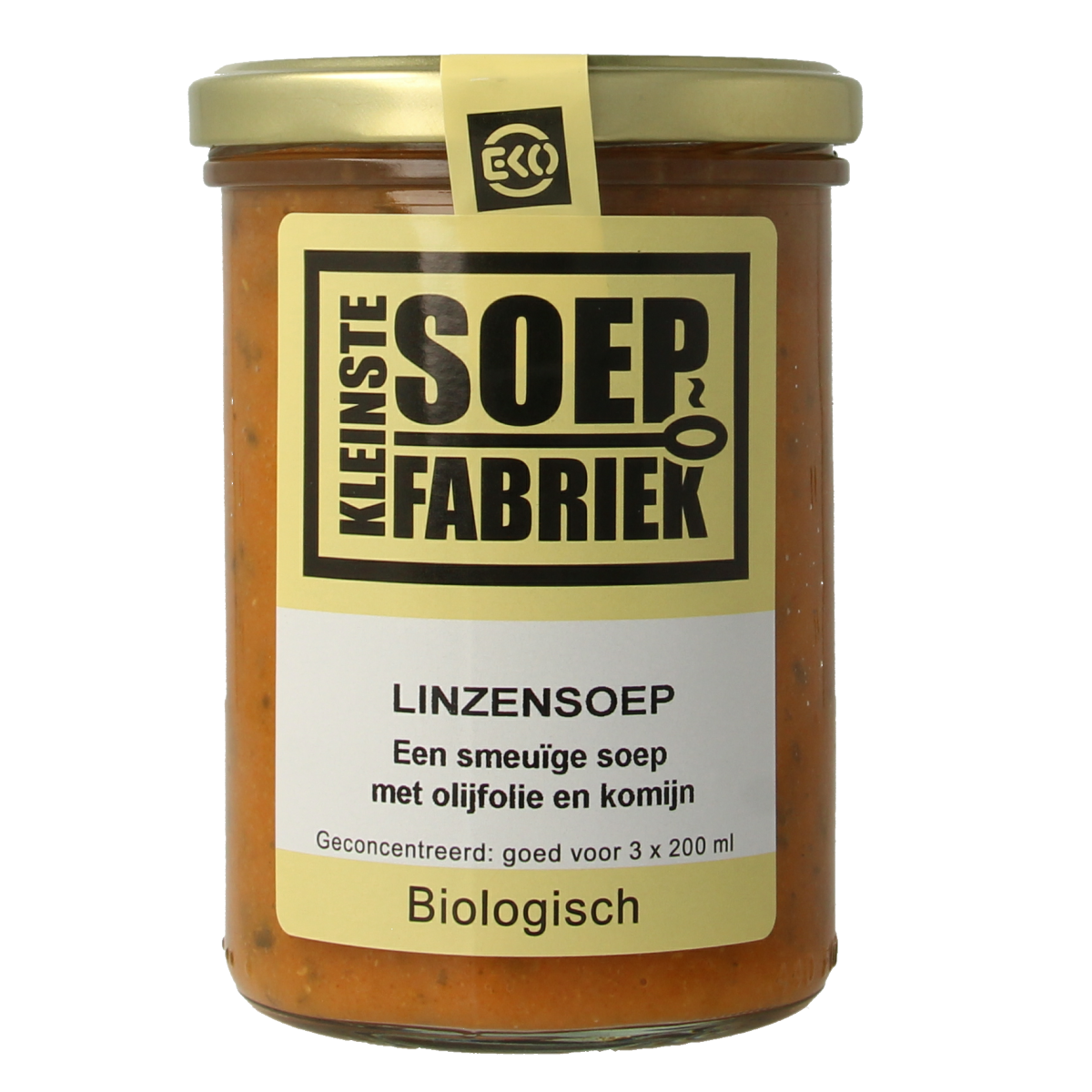 Kleinstesoepfabriek bio linseed soup in 400ml container, natural broth with lentil ingredients, ready to serve.