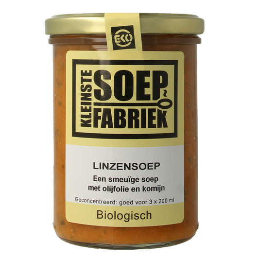 Kleinstesoepfabriek bio linseed soup in a 400ml container, featuring a bowl of lentil soup with fresh herbs and vegetables.