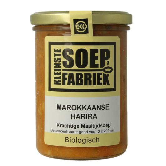 Kleinstesoepfabriek Marokkaanse harira biologische maaltijdsoep in 400ml container, featuring traditional Moroccan spices and ingredients.