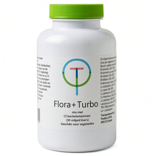 Therapeutenwinkel Flora+ turbo 100g micro-organismen in a clear container, showing the probiotic supplement with a label.
