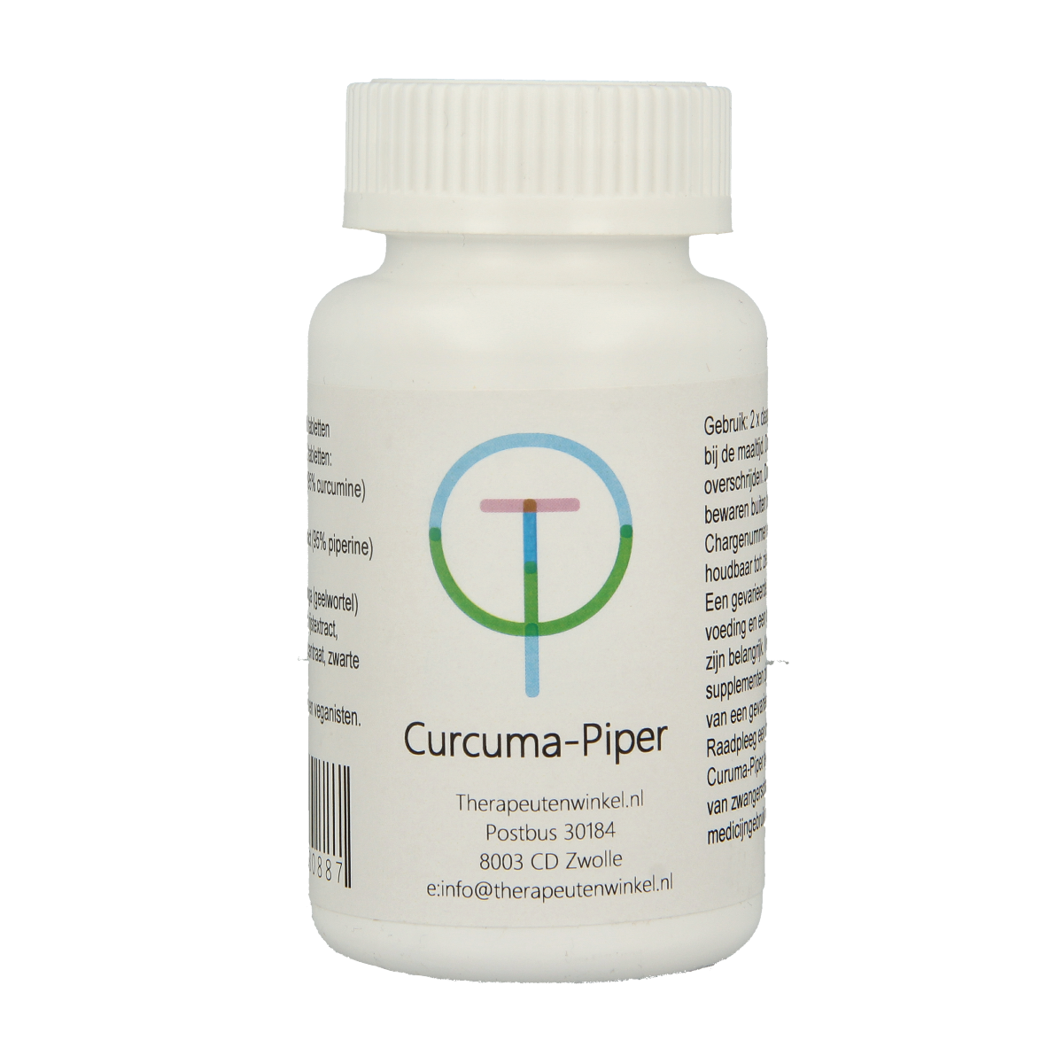 Therapeutenwinkel Curcuma Piper herbal supplement in a container of 90 tablets, natural herbal remedy for wellness.