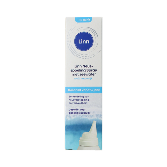 Linn Neusspoelingsspray zeewater in 100ml bottle, nasal care and inhalation product with spray nozzle, designed for nasal hygiene.