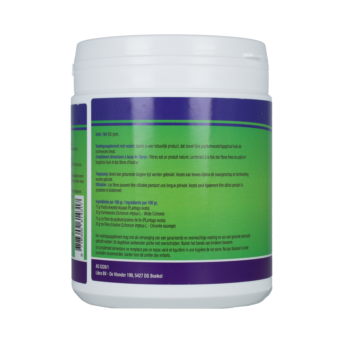 Libra Vezels en Enzymen 300g container with label, dietary supplement for digestion and gut health.