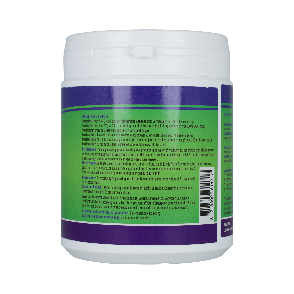 Libra Vezels en Enzymen 300g in a clear container, showing the enzyme and fiber supplement with colorful label details.