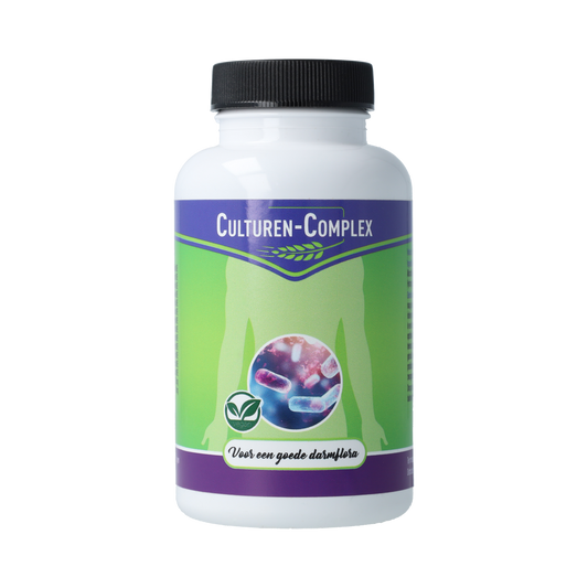 Libra Culturen-Complex 60 capsules containing micro-organisms for digestive health, shown in a clear view of the bottle and capsules.
