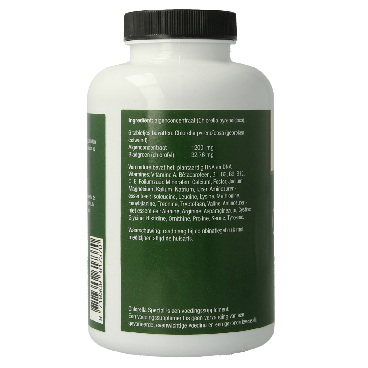 Dr. Miracle Chlorella 1000 tablets, natural herbal supplement, shown in a clear container with green tablets.