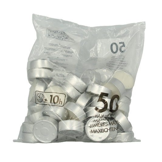 Set of 50 Bolsius Maxi neutral-colored candles in a box, with 10-hour burn time, ideal for home or event lighting.