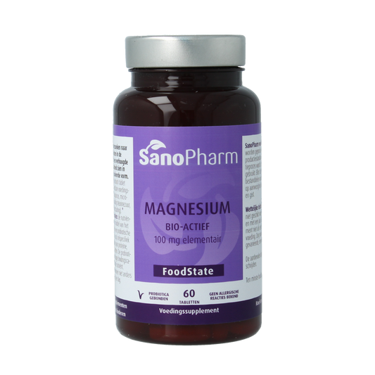 SanoPharm FoodState Magnesium 100mg supplement in a bottle of 60 mineral tablets, natural dietary mineral source.