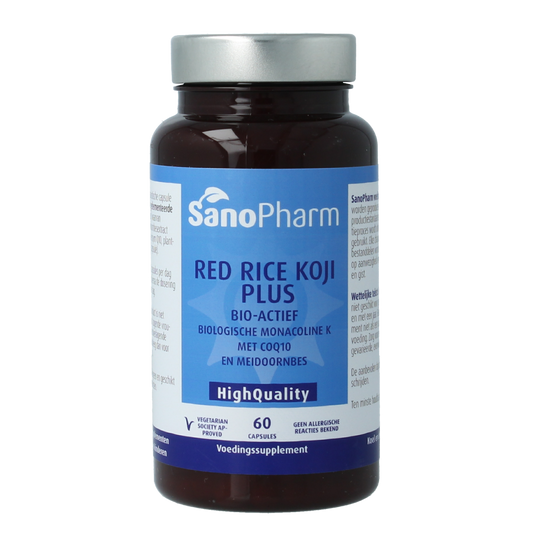 SanoPharm Red rice koji plus vegetarian capsules for herbal preparations, displayed in a bottle with capsules visible.