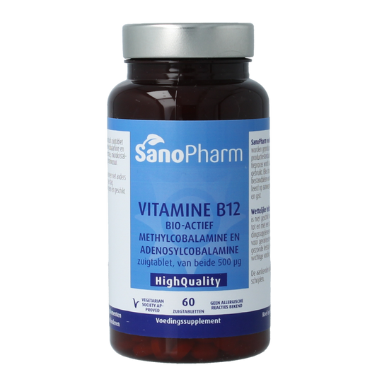 SanoPharm Vitamin B12 methyl adenosylcobalamin 500mcg lozenges, 60-piece bottle, close-up of the supplement tablets.