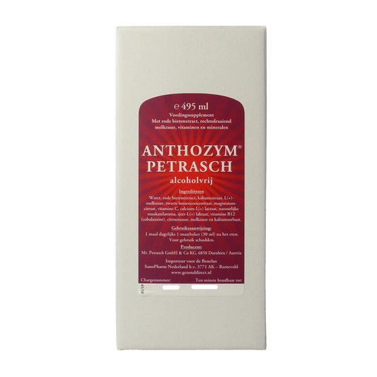 Petrasch Anthozym alcohol-free herbal preparation in a 495ml bottle, featuring a label with herbal imagery and branding.