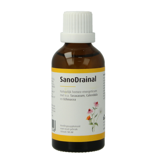SanoPharm SanoDrainal 50ml herbal supplement in a clear bottle with a white cap, shown on a plain background.