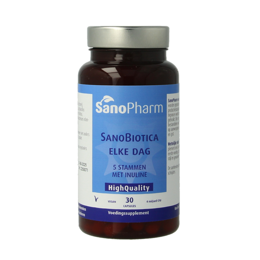 SanoPharm Sanobiotica capsules containing micro-organisms for daily probiotic support, displayed in a bottle with capsules inside.