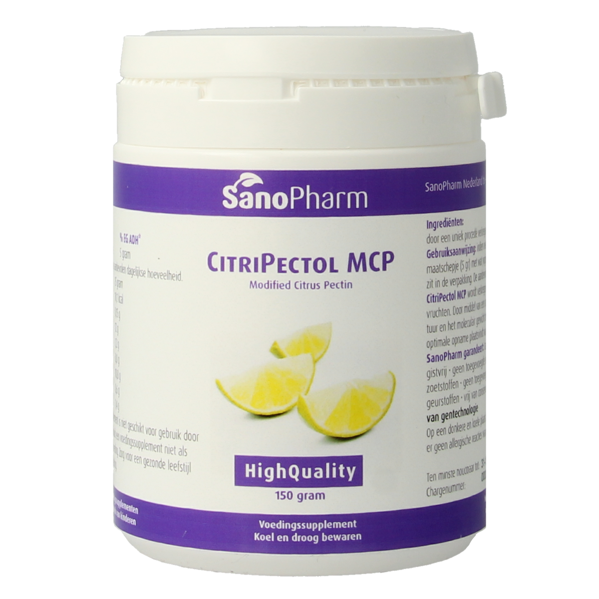 SanoPharm Citripectol MCP herbal supplement container, 150g, showing the label and product packaging.