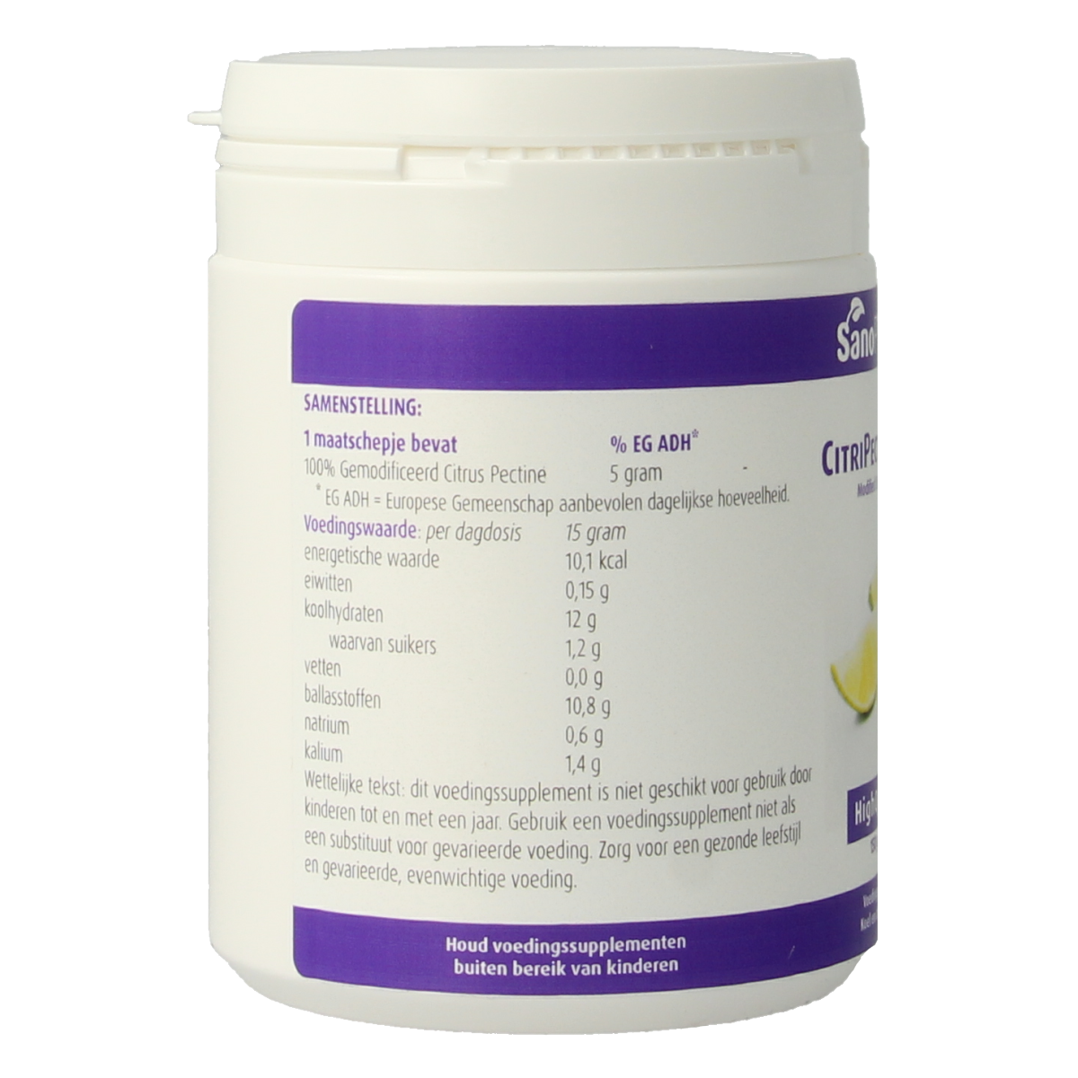 SanoPharm Citripectol MCP herbal supplement in a 150g container, featuring dried citrus peel and herbal ingredients.