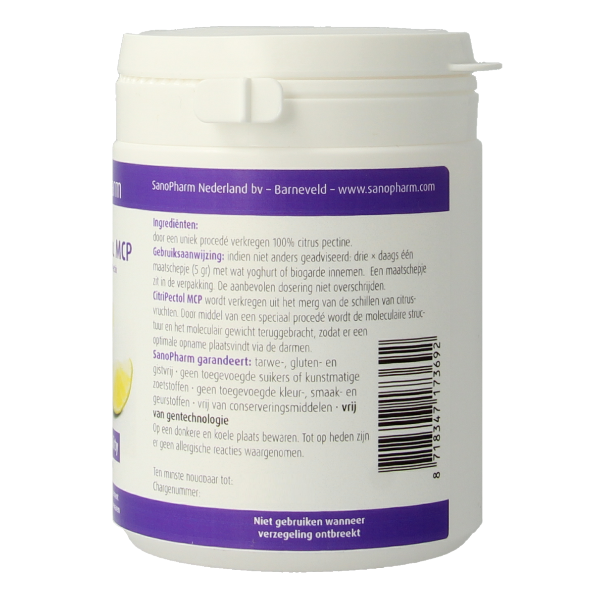 SanoPharm Citripectol MCP herbal supplement in 150g package, showing dried plant ingredients in a clear container.
