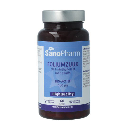 SanoPharm Foliumzuur with alfalfa vitamin capsules, 60-count, showing the bottle and capsules on a white background.