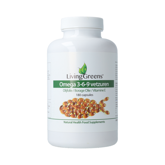 Livinggreens Omega 3-6-9 complex Vetzuren capsules in a bottle, showing the product label and capsules inside.