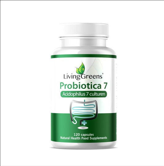 Livinggreens Probiotica acidophilus with 7 cultures, 120 capsules, showing the supplement bottle with label details.