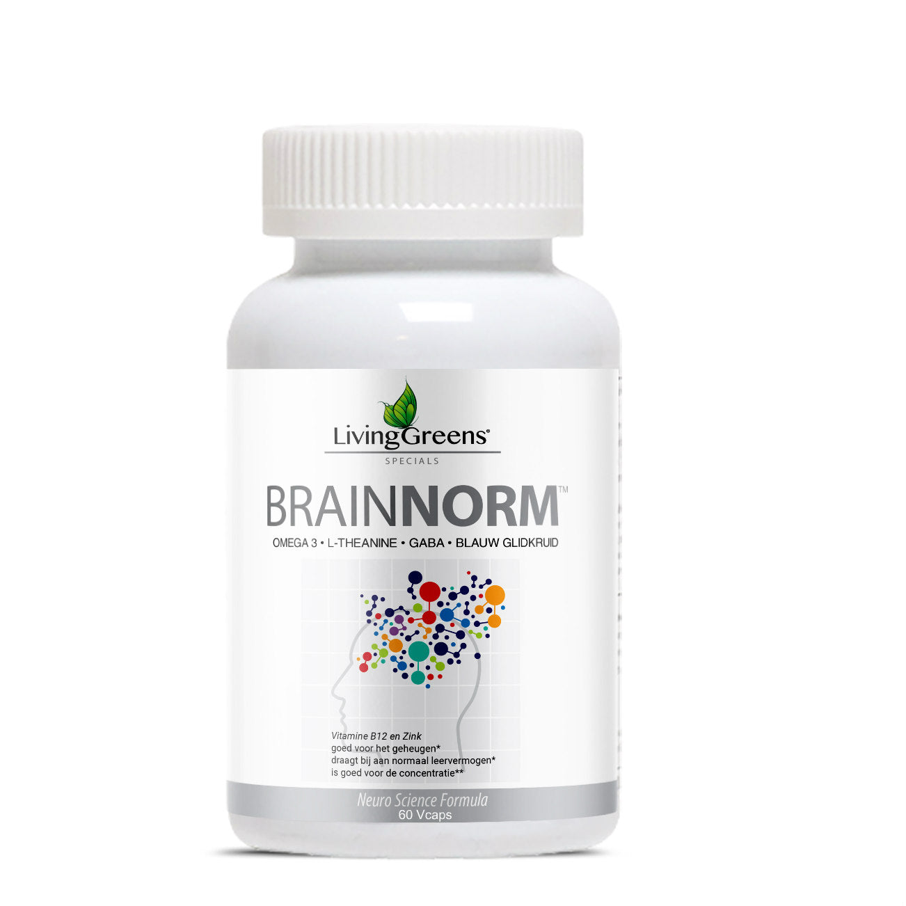 Livinggreens Brainnorm vegetarian capsules containing omega fatty acids, displayed in a blister pack with green packaging.