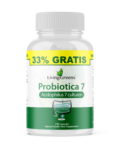Livinggreens Probiotica 7-voordelen micro-organismen capsules, 240-count, in a blister pack, showing the product packaging.
