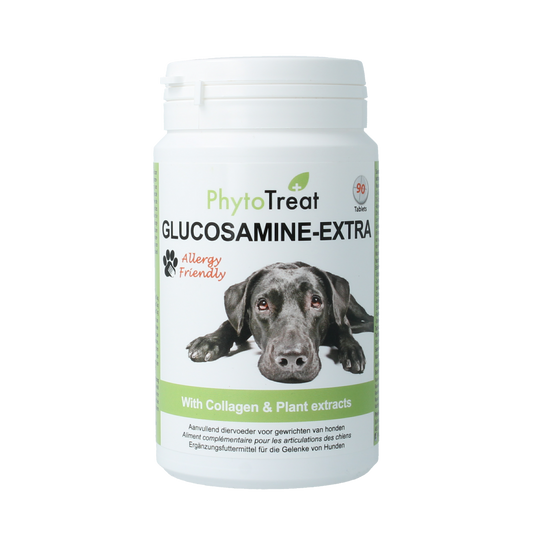 PhytoTreat Glucosamine extra hond dietary supplement with 90 tablets for joint support in dogs, natural pet health aid.
