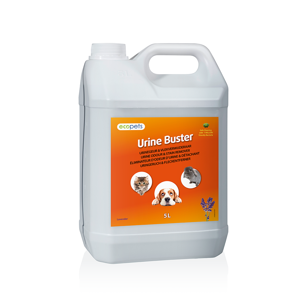 Ecopets urine buster navulling 5L, cleaning product for pet urine odors, in a white and green bottle.