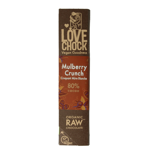 Lovechock Mulberry Crunch organic chocolate bar, 40g, featuring dark chocolate with mulberry flavor and crunchy texture.