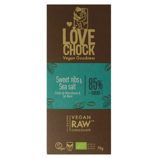 Lovechock Sweet Nibs & Seasalt organic chocolate bar, 70g, with visible chocolate pieces and sea salt flakes.