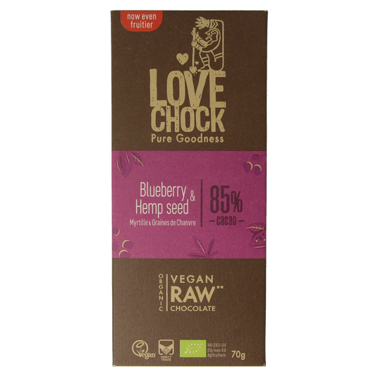 Lovechock blueberry hempseed organic chocolate bar, 70g, with blue blueberries and hemp seeds visible on the chocolate surface.