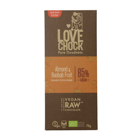 Lovechock almond and baobab bio chocolate bar, 70g, with visible almond pieces and smooth dark chocolate surface.