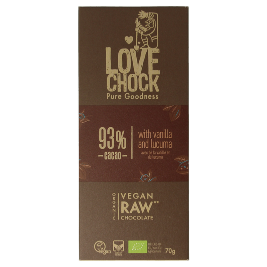 Lovechock 93% pure vanilla lucuma organic chocolate bar with dark chocolate and natural vanilla flavor, 70g.