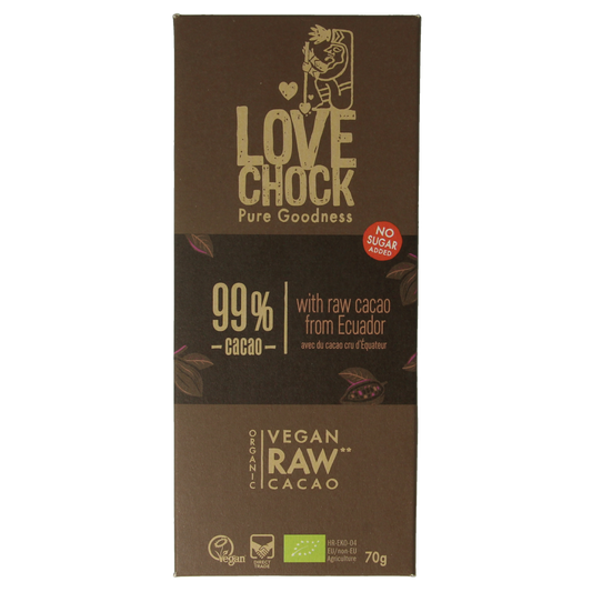 Lovechock Extreme dark 99% pure organic chocolate bar, 70g, with rich, smooth dark chocolate surface and branding.
