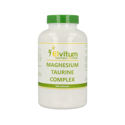 Elvitum Magnesium Taurine mineral supplement tablets, 180 count, showing a bottle of dietary mineral tablets with label.