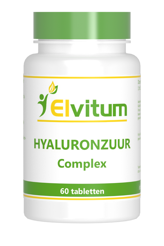 Elvitum Hyaluronzuur complex supplement in a bottle of 60 tablets, herbal preparation for skin and joint support.