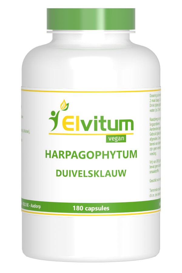 Elvitum Duivelsklauw harpago extract capsules, herbal supplement in a white bottle with a label, 180 capsules.