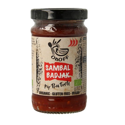 Onoff Sambal Badjak bio jar, 110g, flavorful Indonesian-style chili sauce in a glass jar with vibrant label.