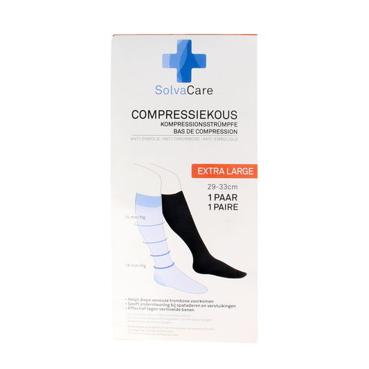 Solvacare zwart compressiekous XL 29-33 cm, bandages for improved leg support, shown in the image.