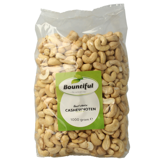 Bountiful Bountiful Cashewnoten snack in 1000g pack, showing fresh, roasted cashew nuts in their natural shell and texture.