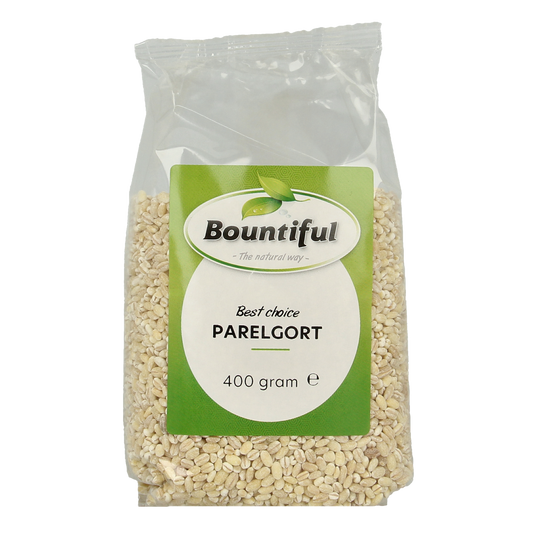 Bountiful Parelgort ontbijtgranen in 400g package, close-up of the Bountiful brand label and fresh granola grains