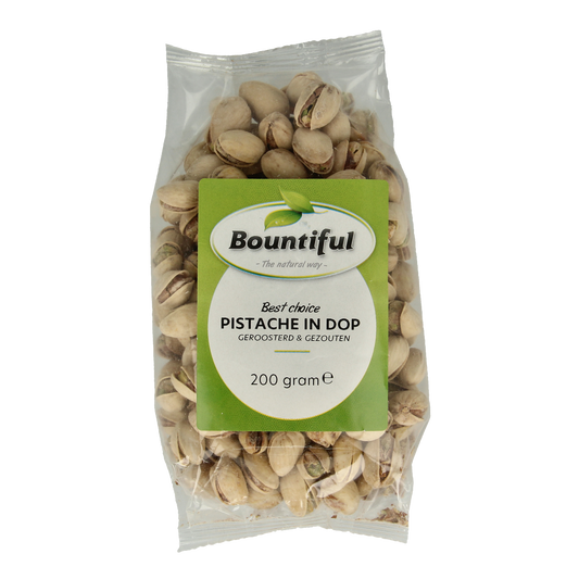 Bountiful Bountiful Pistache in dop geroosterd en gezouten, 200g snack with roasted, salted pistachios in a clear bowl.