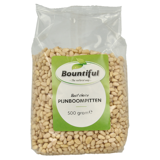 Raw Bountiful Pijnboompitten in a 500g package, showcasing fresh, natural pine nuts from the Bountiful superfoods collection.