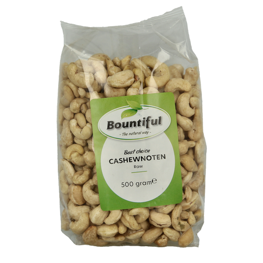 Bountiful Cashewnoten snack in 500g bag, showing raw, roasted cashew nuts with light golden color and natural texture.